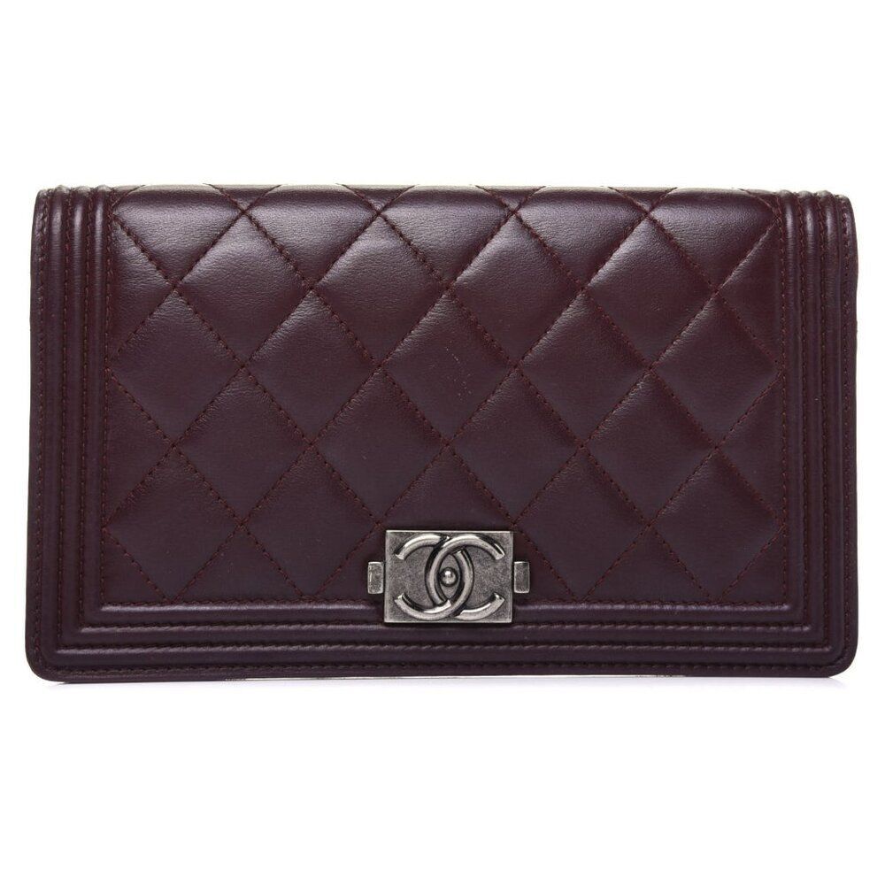 Chanel Boy Yen Wallet Quilted Lambskin Leather Burgundy Authentic w/ Card Slots